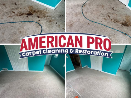 Carpet cleaning before and after. Brown stains removed from light carpet in a teal and white room.