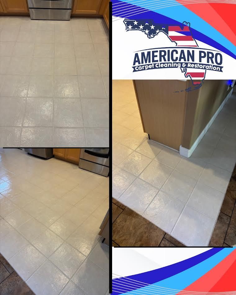 Kitchen tile floor cleaning comparison. Before and after images showing the effect of professional cleaning.