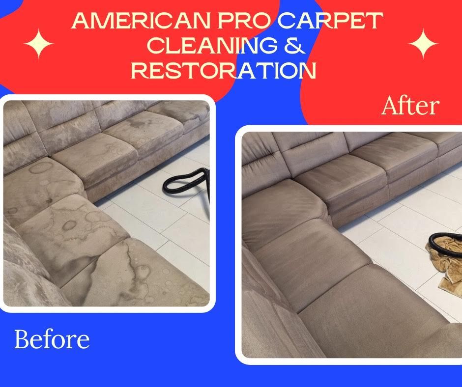 Before and after couch cleaning; stains removed. Red and blue background, text: 