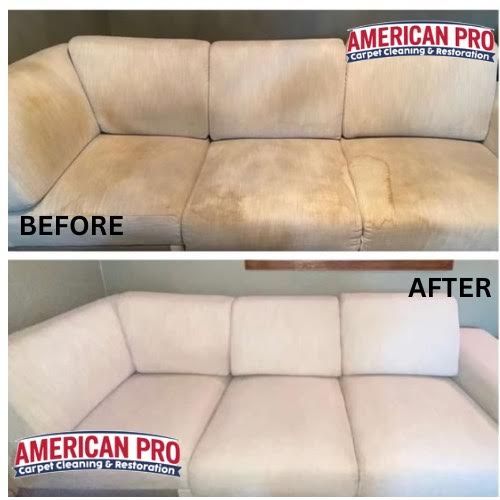 Before and after of a stained white sofa, cleaned and restored.