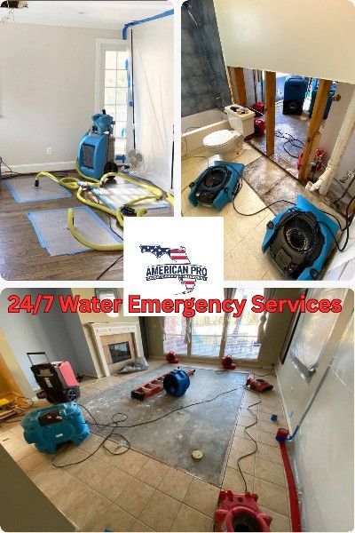 Water damage restoration service with equipment drying various rooms: floors, walls, and bathrooms.
