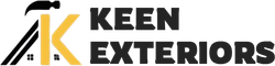 Logo with a hammer, the letters "AK", and the words "KEEN EXTERIORS".
