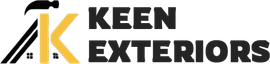 Logo with a hammer, the letters "AK", and the words "KEEN EXTERIORS".