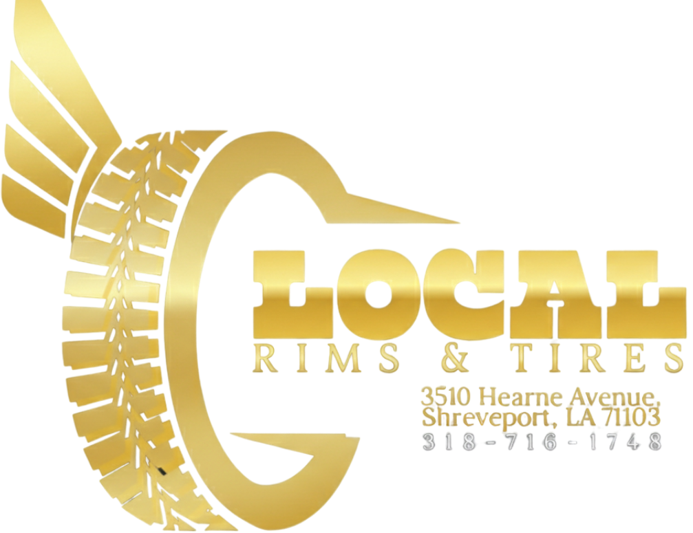 Golden logo for Local Rims & Tires: a stylized letter