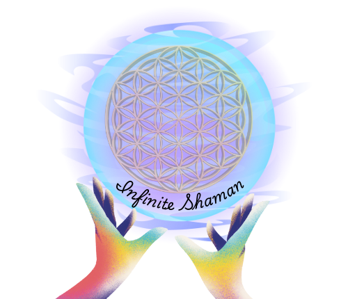 A logo for infinite shaman with two hands holding a sphere