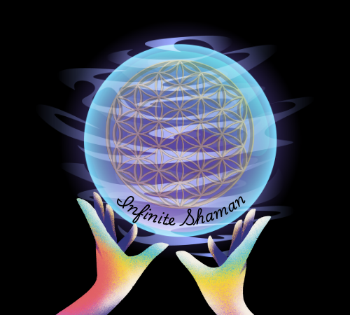 A logo for infinite shaman shows two hands holding a crystal ball