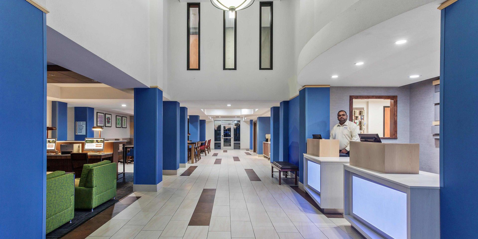 view of the hotel lobby with blue pillar walls