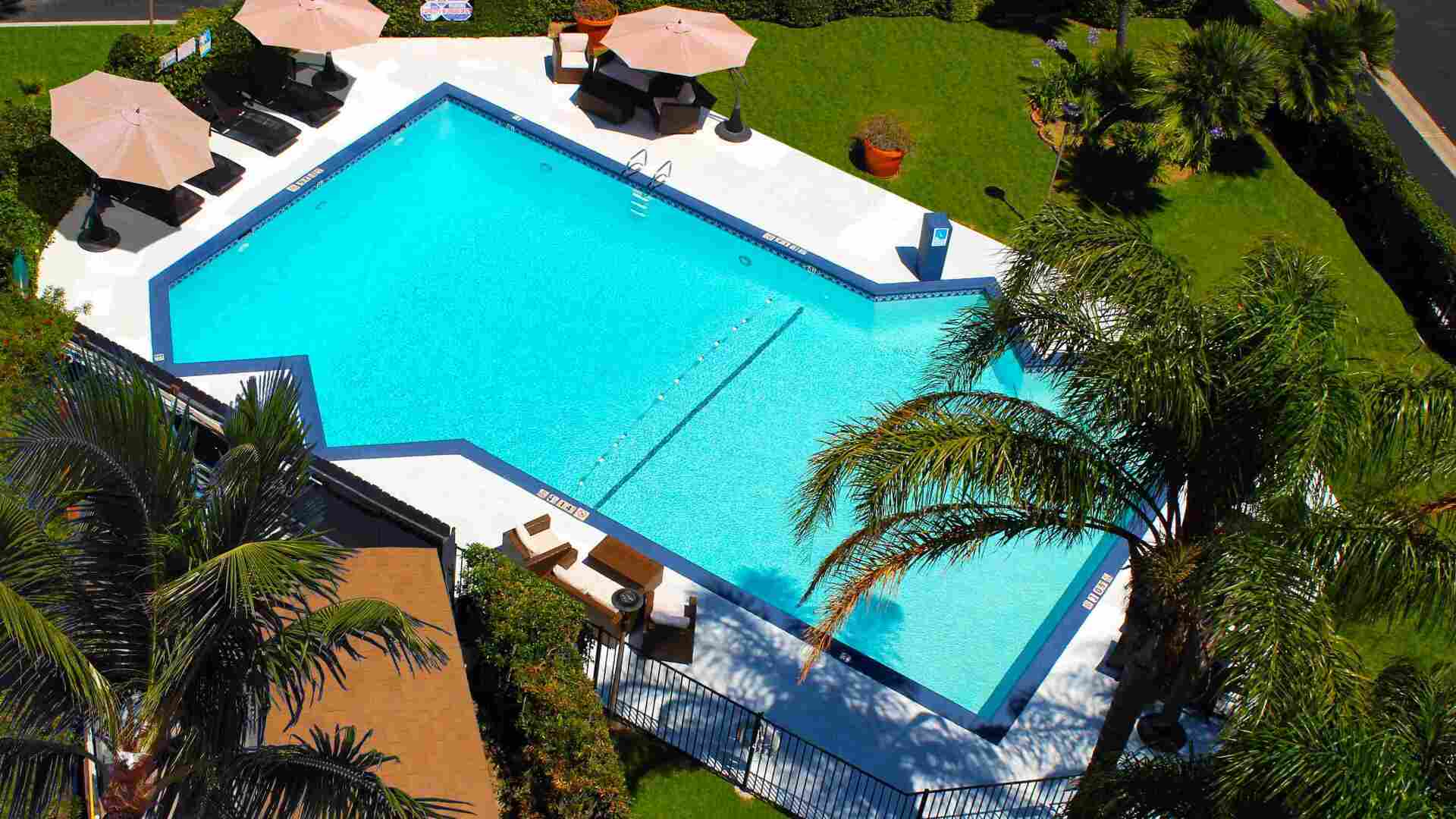 high view of the hotel pool surrounded by bright green grass