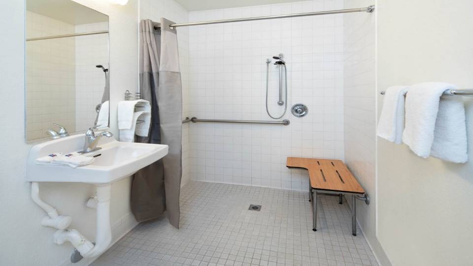 Hotel bathroom with a large shower and a sink