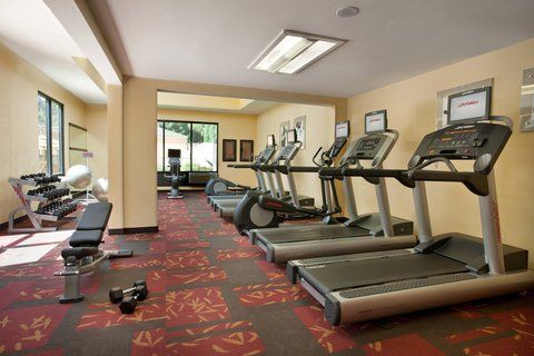 A gym with a lot of treadmills and dumbbells.