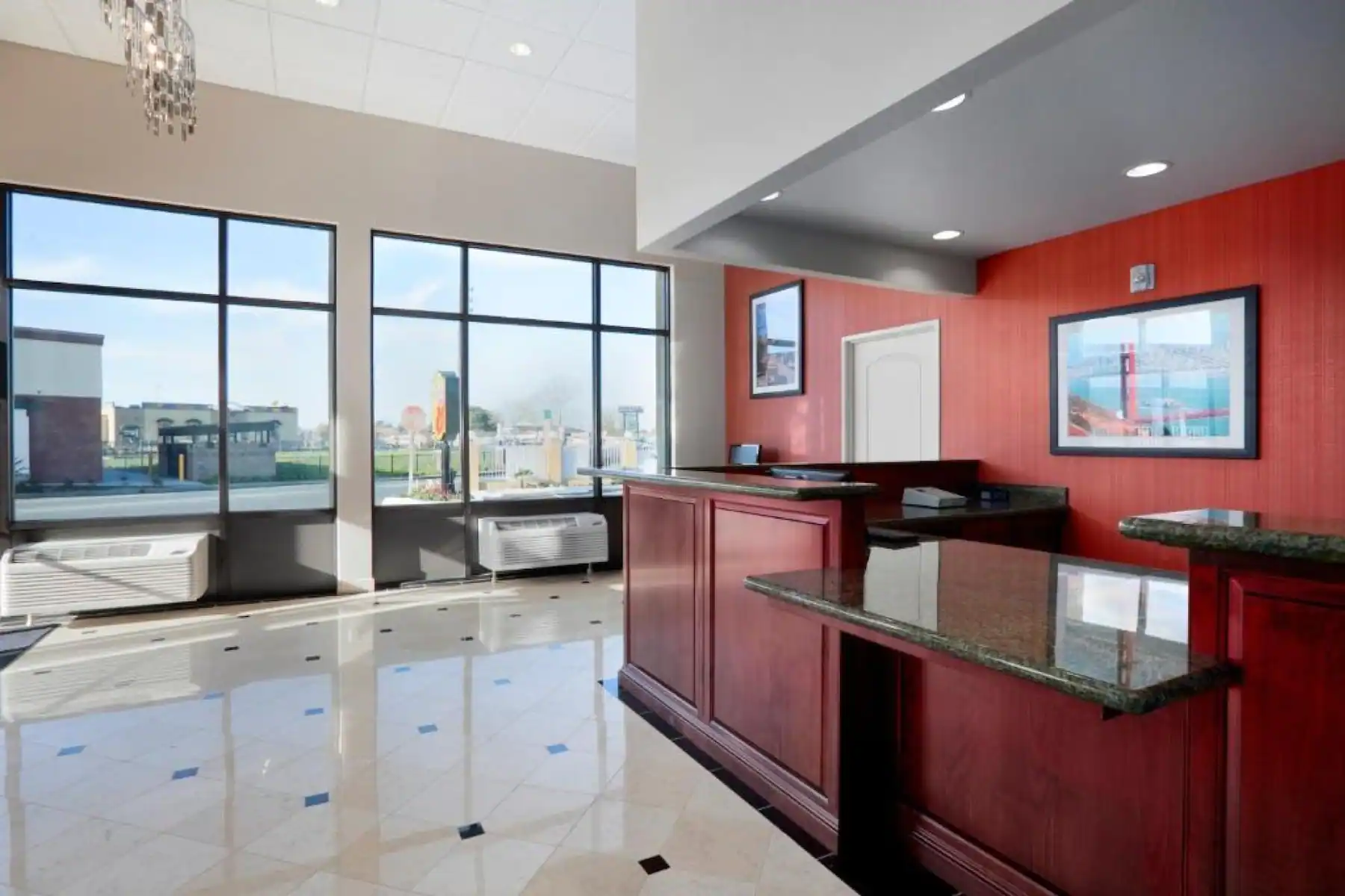 hotel customer service counter with window views to the outside