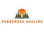 A logo for ponderosa hauling with a sunset and trees