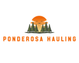 A logo for ponderosa hauling with a sunset and trees