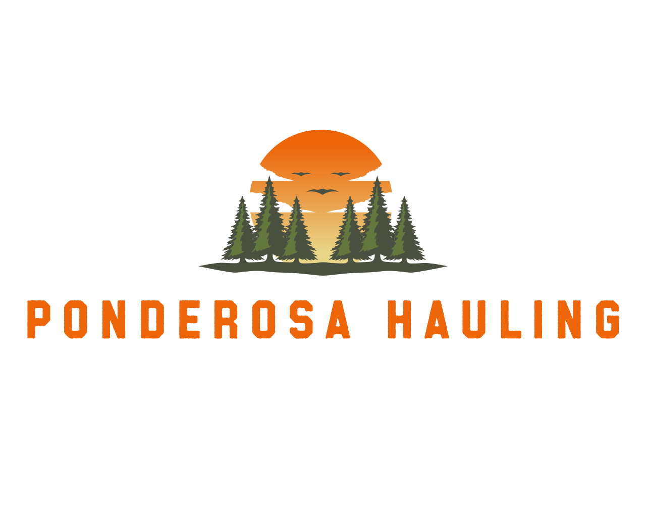 A logo for ponderosa hauling with a sunset and trees