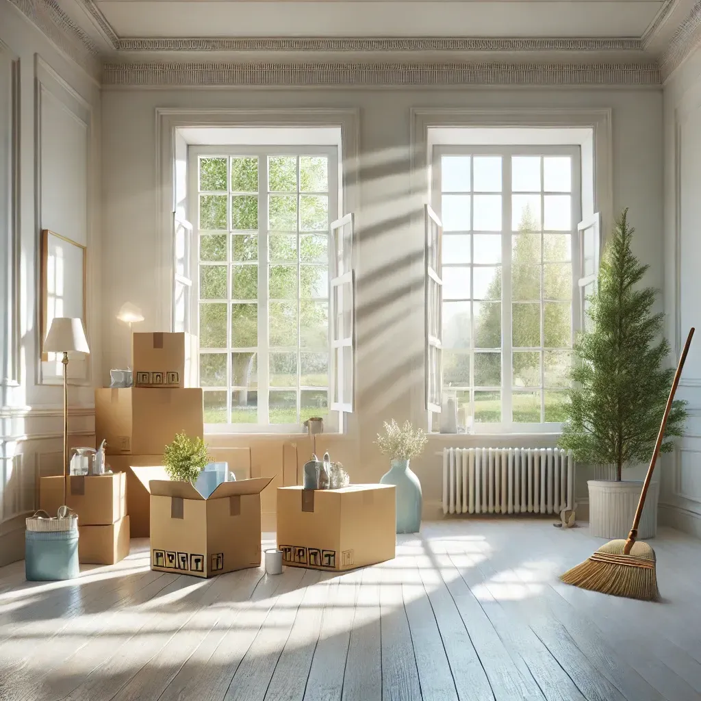 Boxes in a sunlit room, open windows, a small Christmas tree, and a mop.