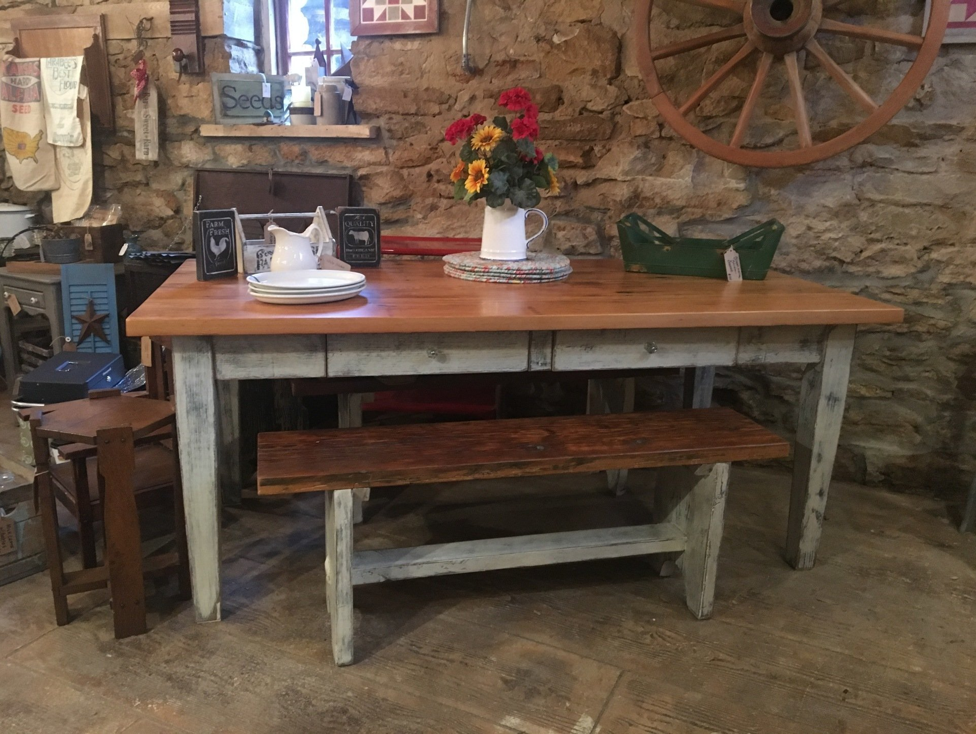 Rustic bleacher table and matching benches.