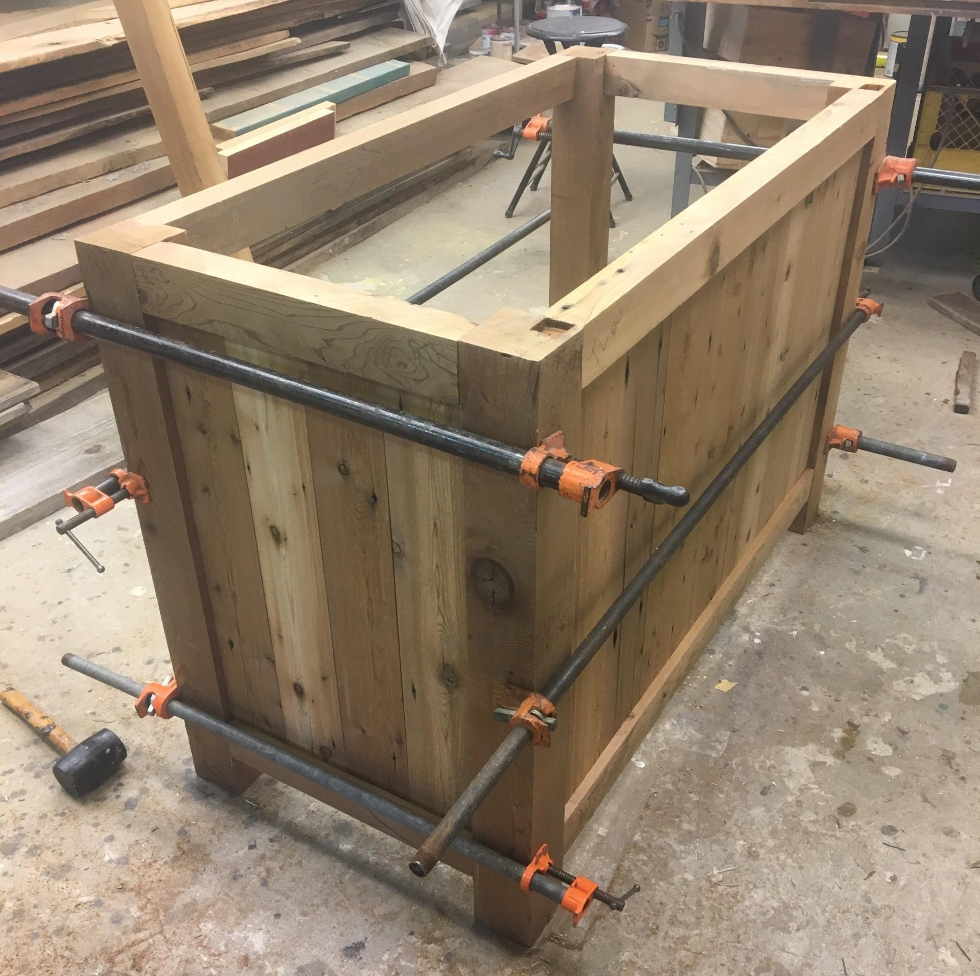 Cedar cabinet frame under construction.