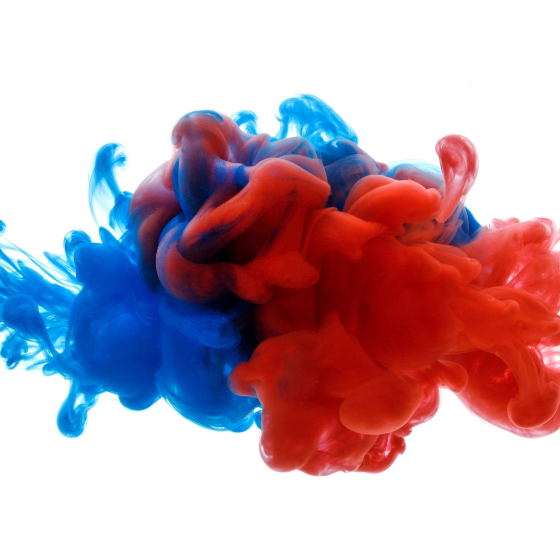 Photograph of red and blue ink merging in water