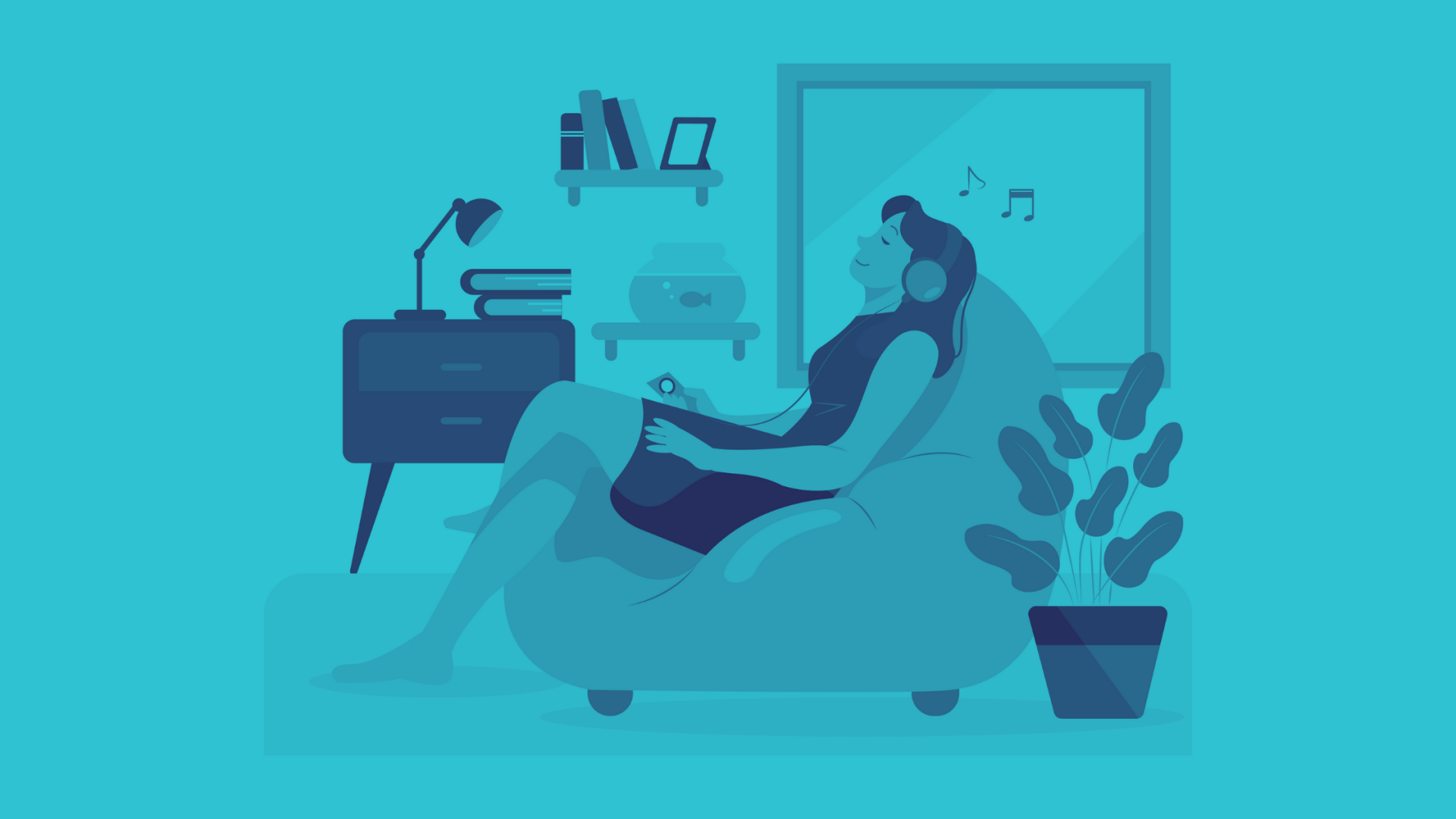 lady sitting and relaxing on a sofa. All image's shades are in blue