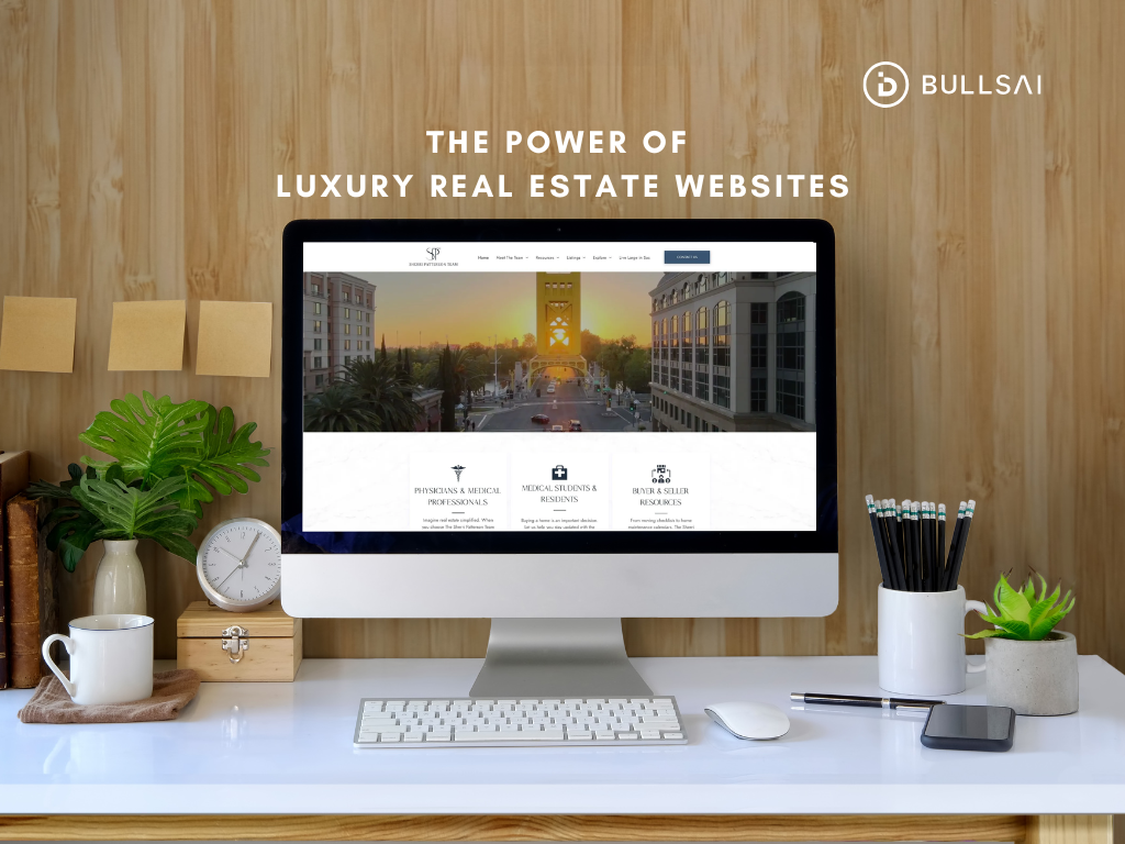  iMac displaying luxury real estate site, desk setup, with 'The Power of Luxury Real Estate Websites