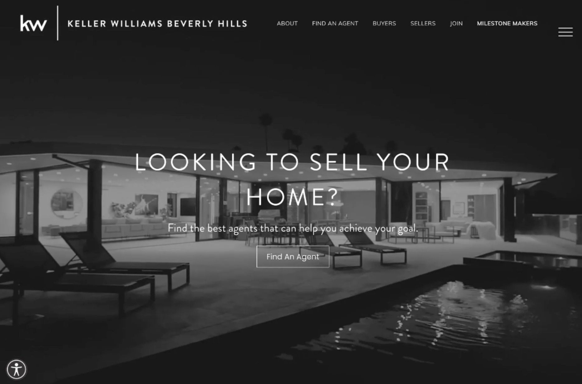 Discover Bullsai's real estate web design: a modern home with a pool, helping sellers find agents to