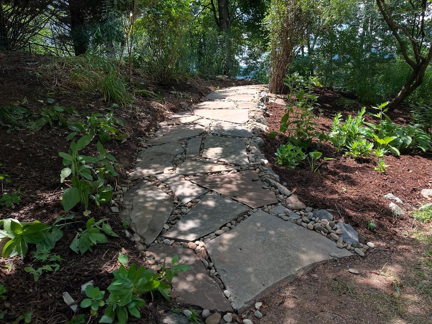 Stone path winding uphill through a garden, surrounded by plants and trees.