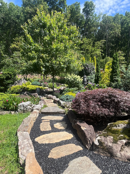 A path in a park surrounded by flowers and trees