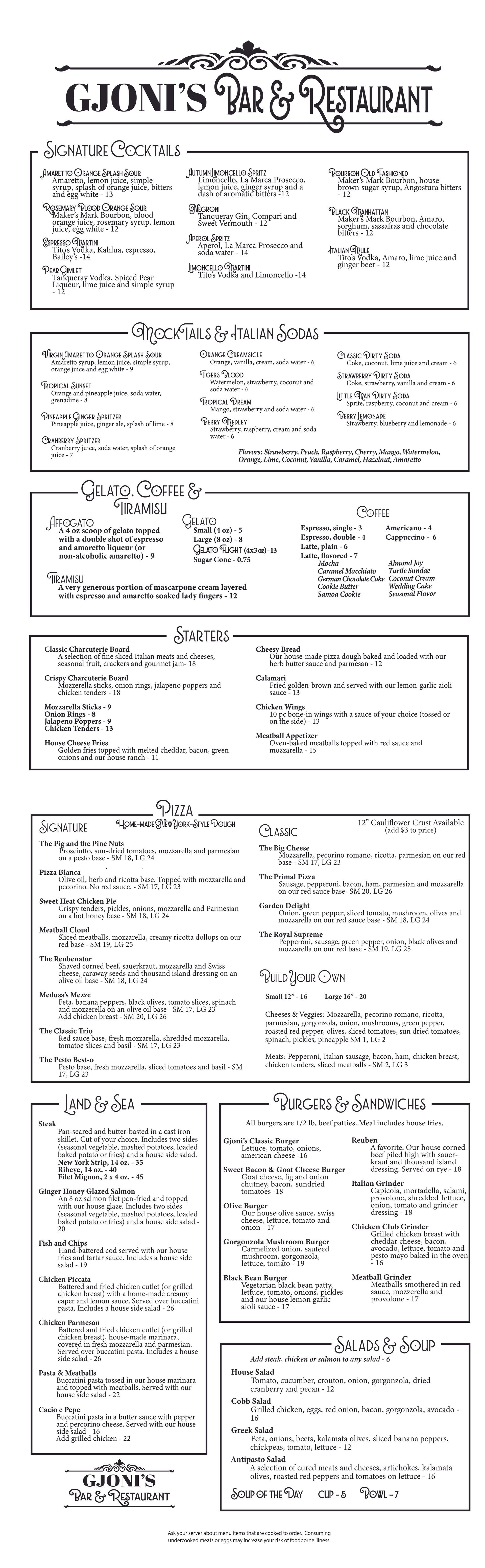 Gjoni's Bar and Restaurant menu