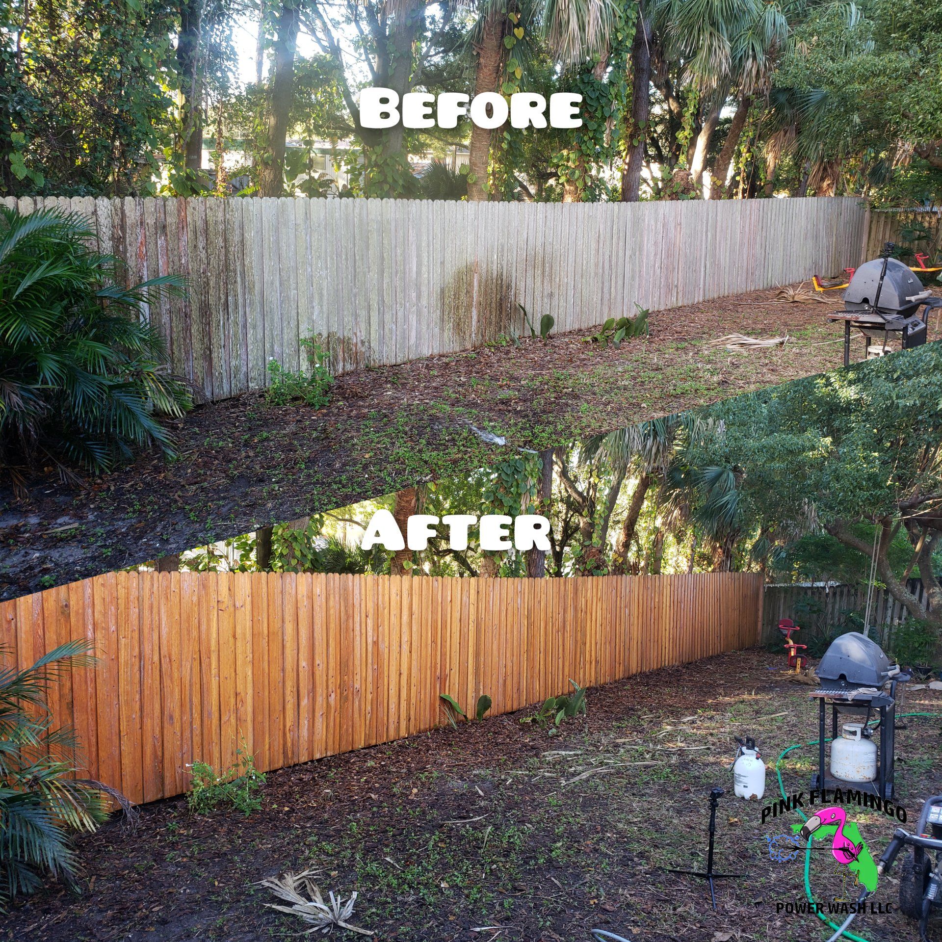 Before and after of a fence. Old, weathered bamboo fence replaced with new, stained wood fence in backyard.