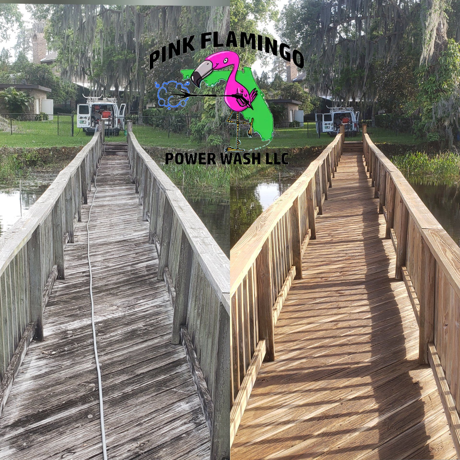 Before and after power washing of a wooden bridge by Pink Flamingo Power Wash LLC.