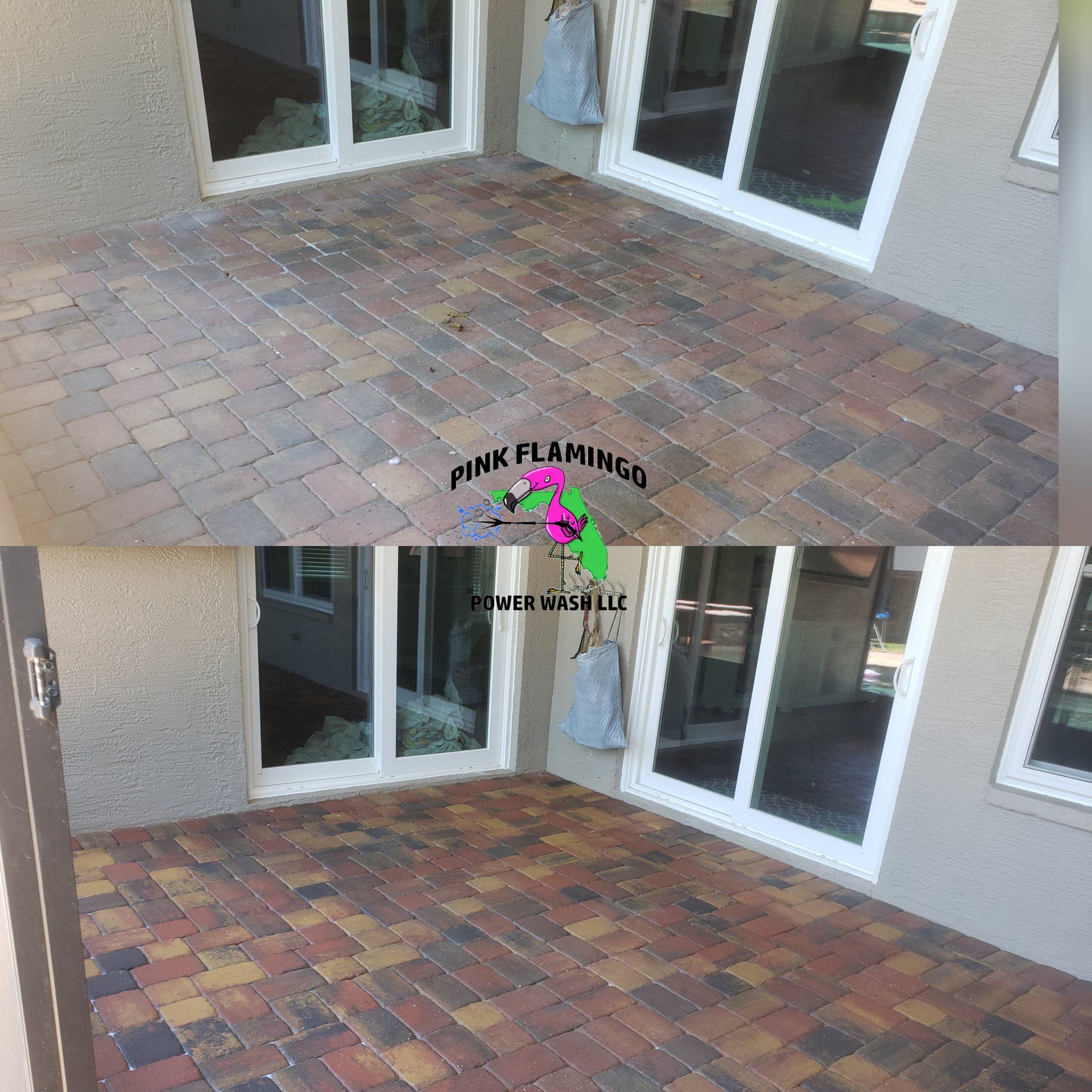 Before-and-after view of a brick patio cleaning; showing brighter colors after power washing.