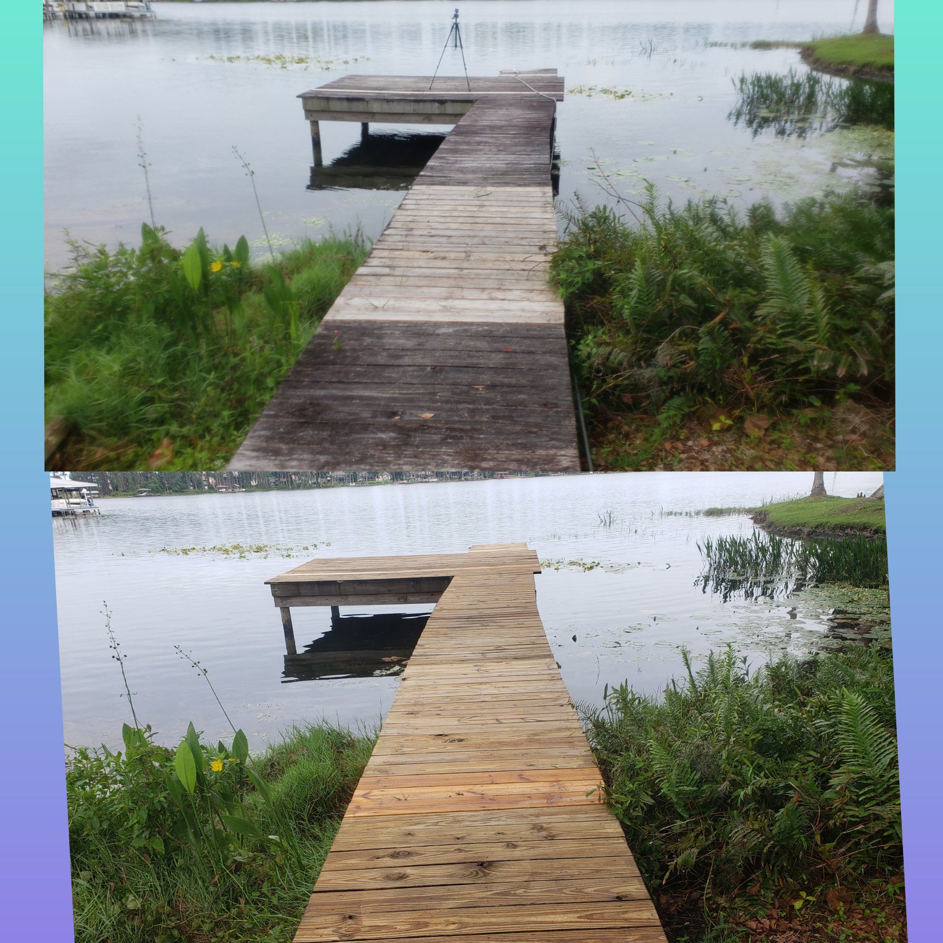 Before and after shots of a wooden dock. The top is darker and dirtier; the bottom is clean.