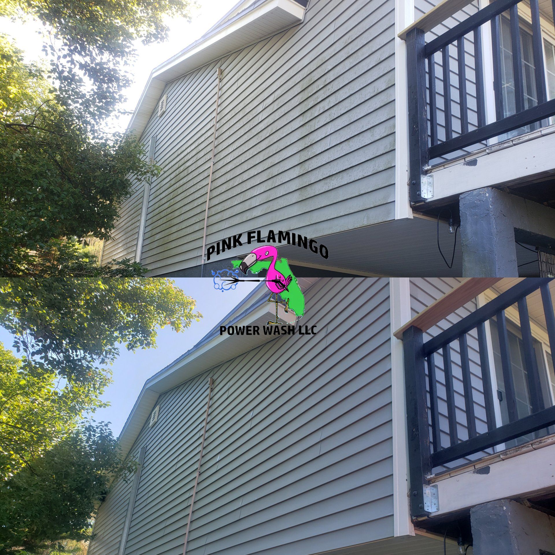 Comparison of house siding, before and after power washing; green siding, black railing.