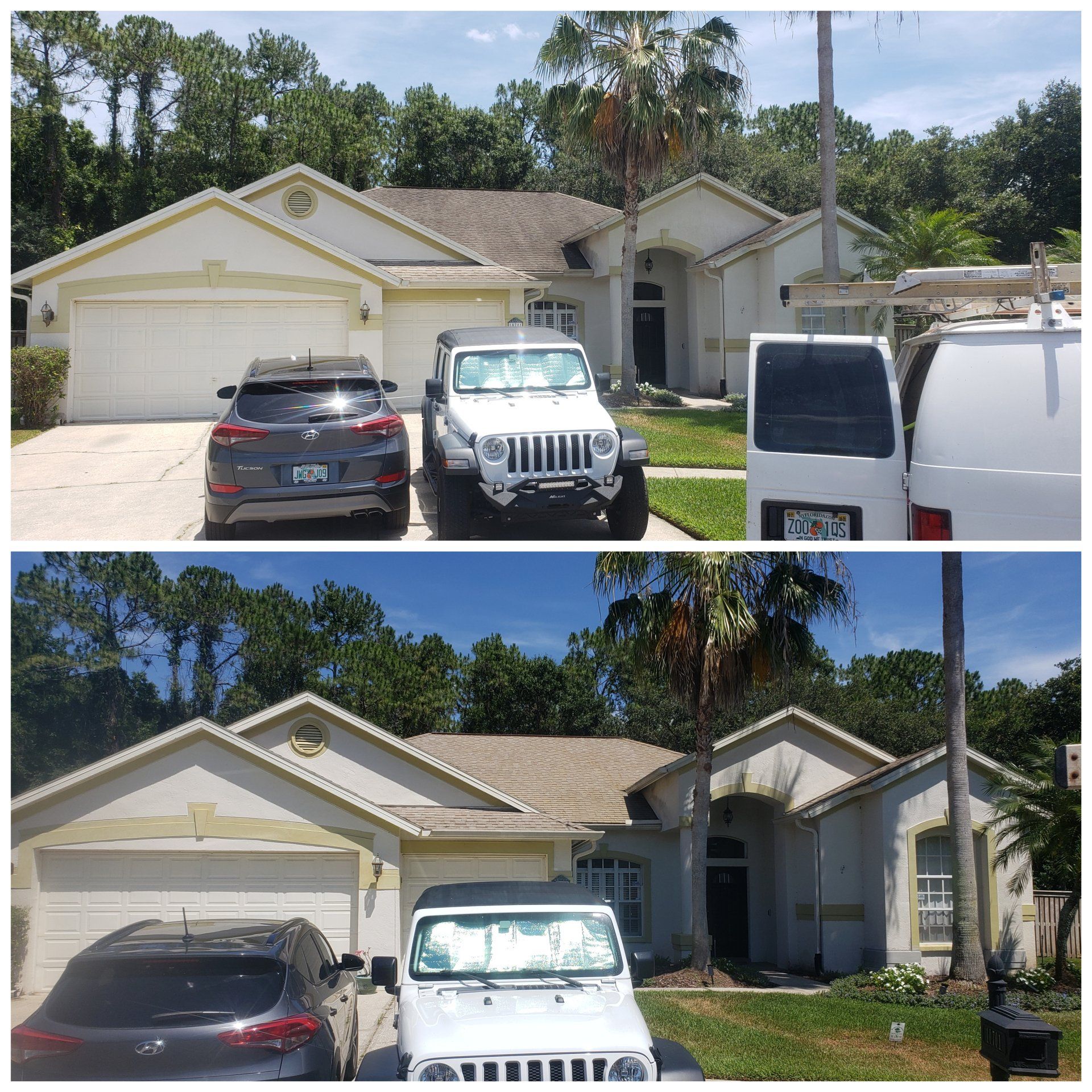 Two photos of a cream-colored house. Cars are parked in front. Blue sky and trees in the background.