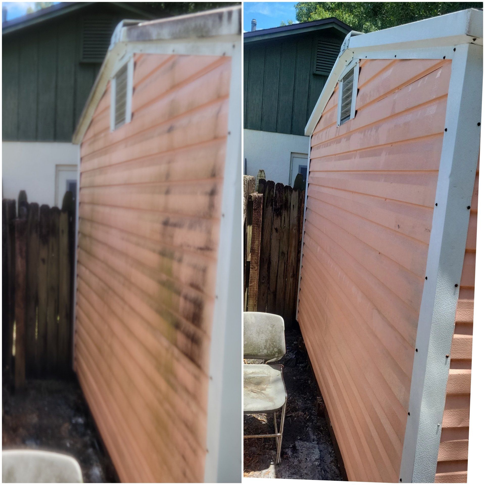 Side-by-side comparison of a shed: Left side is dirty, right side is cleaned. Pink siding, white trim, outdoor setting.