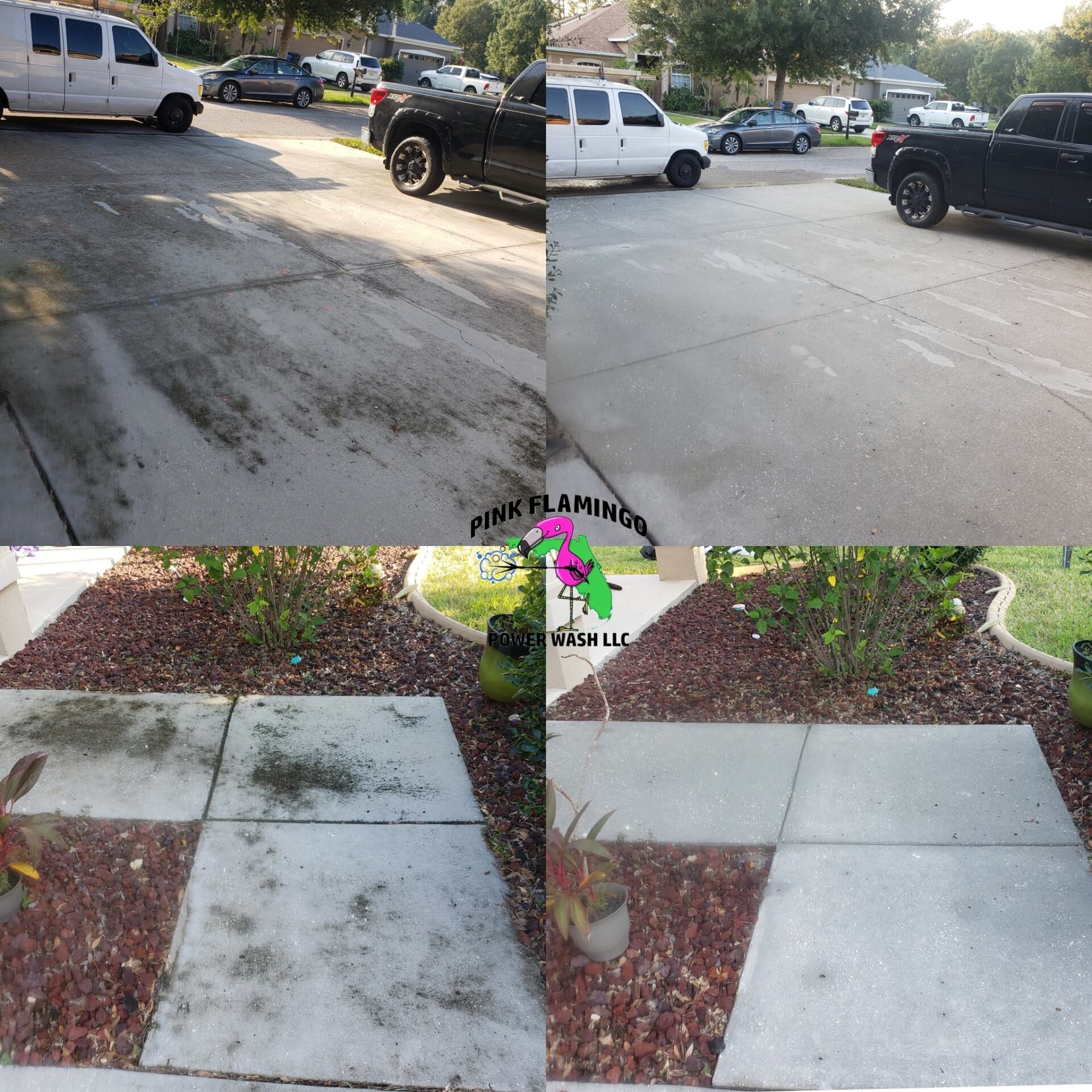 Before and after images of a driveway and sidewalk, showing cleaning.