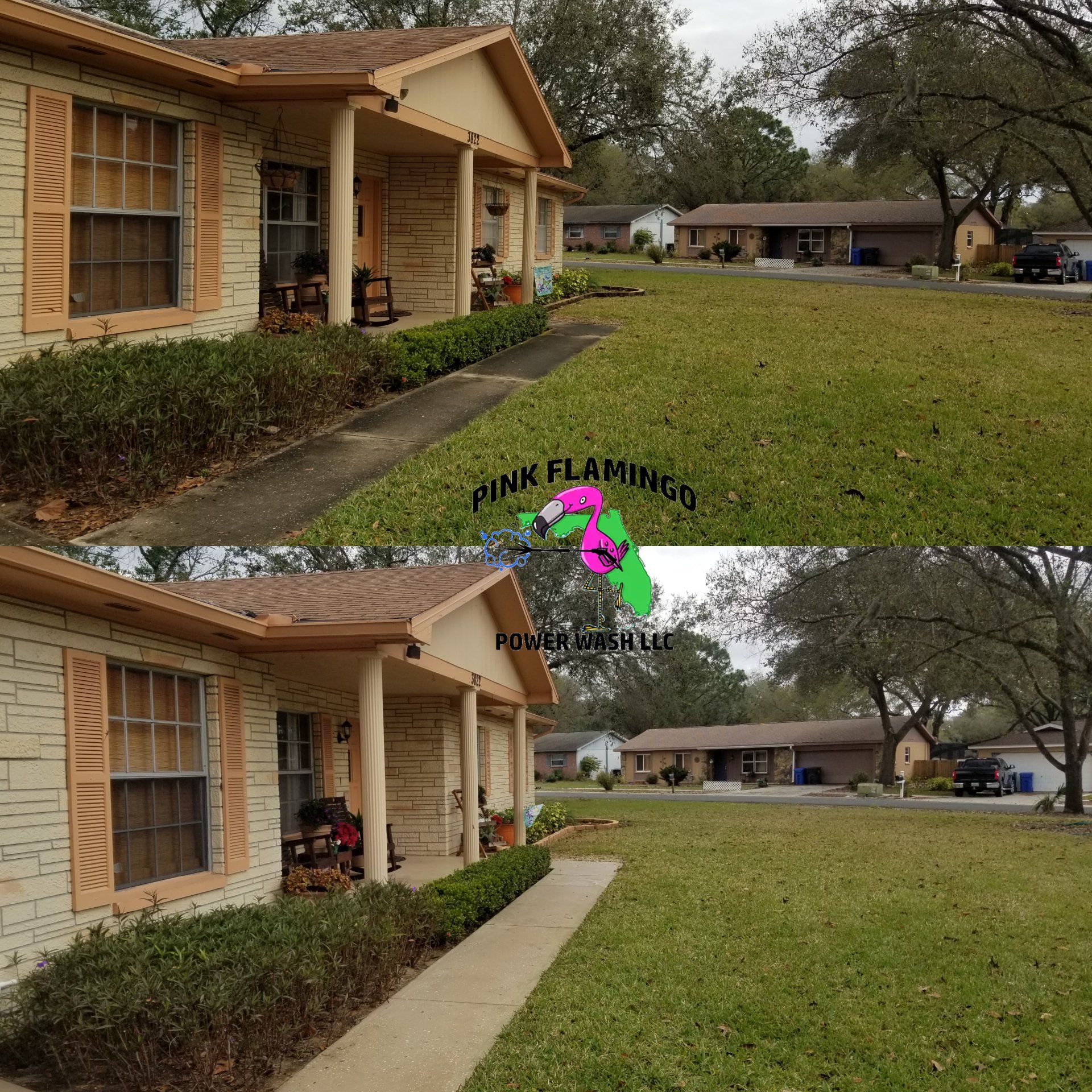 Two-story beige house with manicured bushes; a large grassy yard extends to other houses, under a cloudy sky.