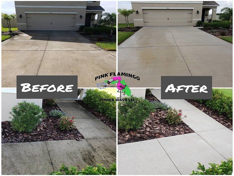 Driveway and walkway before and after power washing; concrete is noticeably cleaner in the after photo.