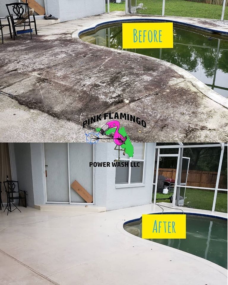 Before and after: pool deck cleaning. Gray deck with mildew cleaned to light gray, pool water clarified.