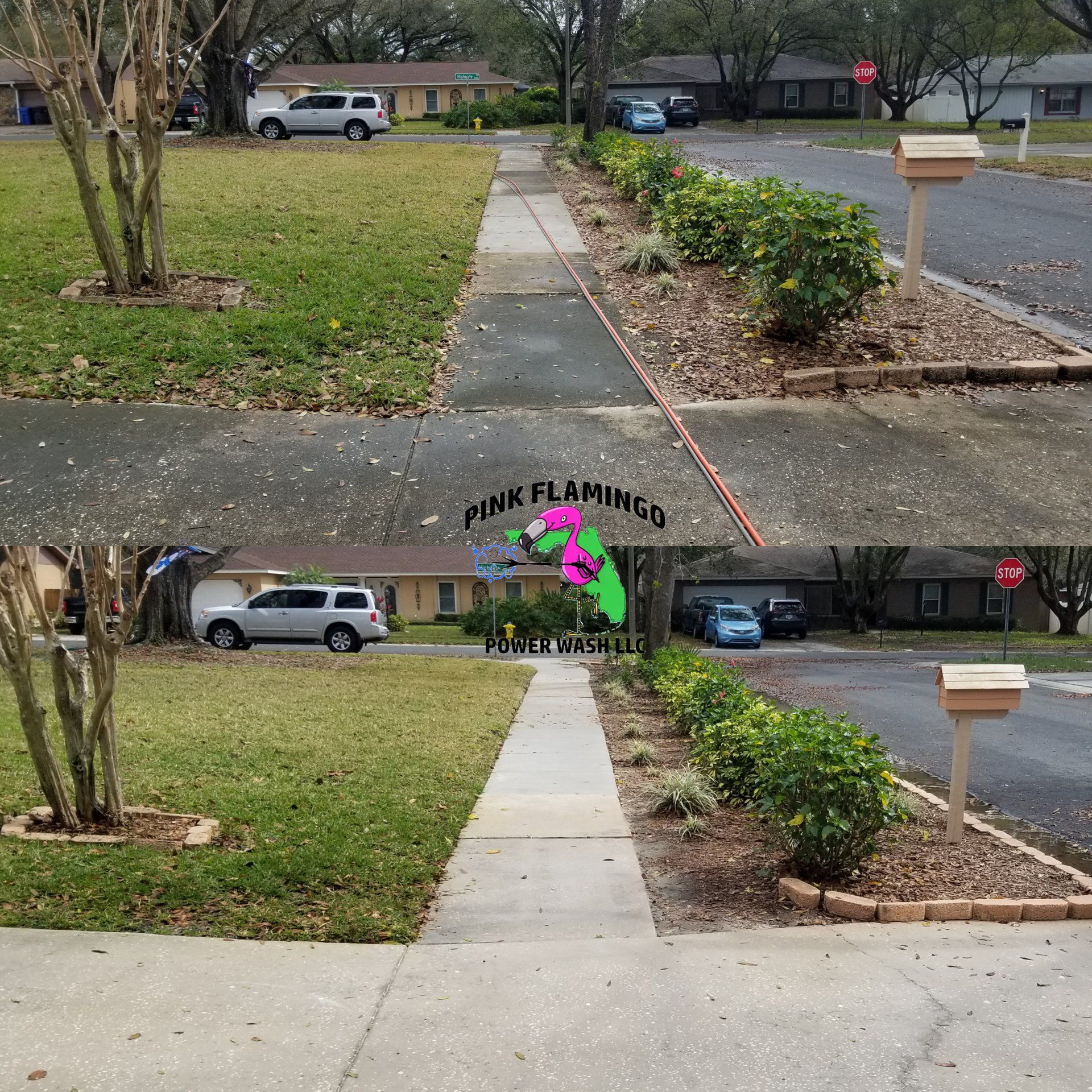 Before and after view of a sidewalk, landscaping, and street. Cleaning performed by Pink Flamingo.
