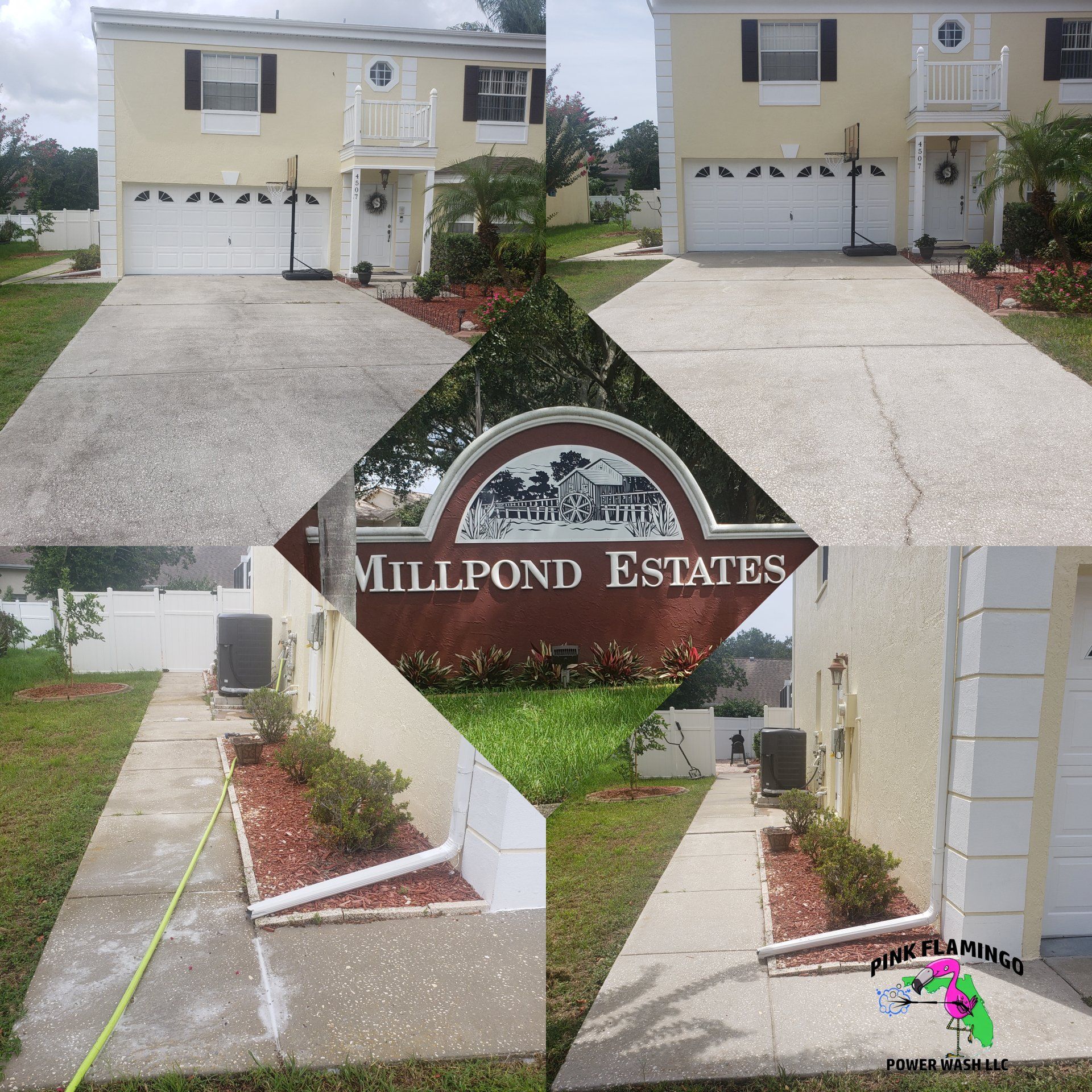 Four-panel before/after of a home: driveway & walkway cleaning.  Tan building, red mulch, 