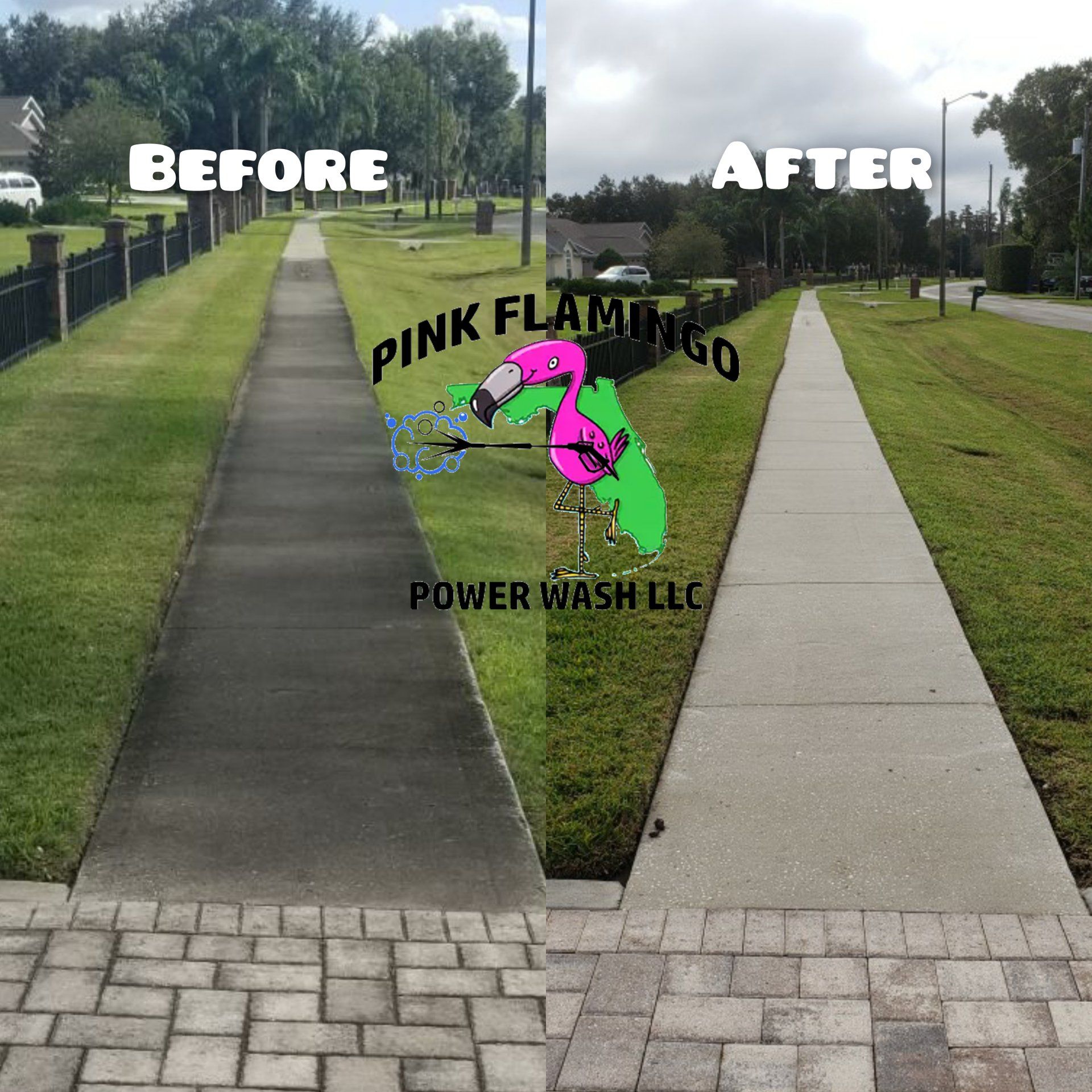 Before and after comparison of power washed sidewalk; cleaner, brighter pavement in the after shot.
