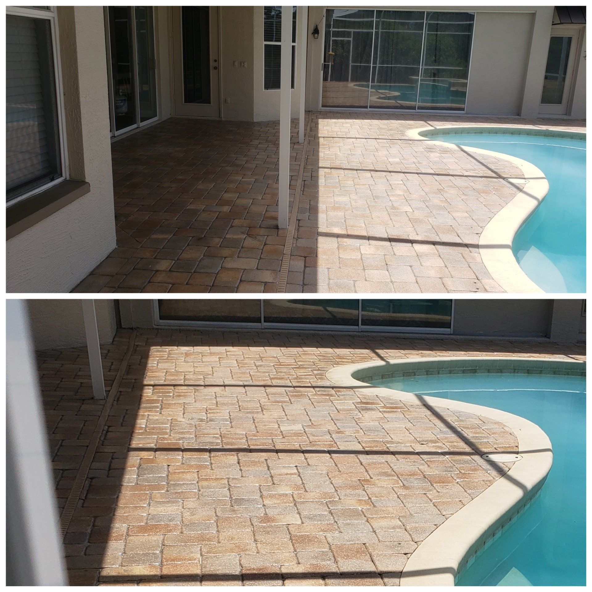 Two views of a patio with brick pavers next to a pool. One view is from above, the other from a lower angle.