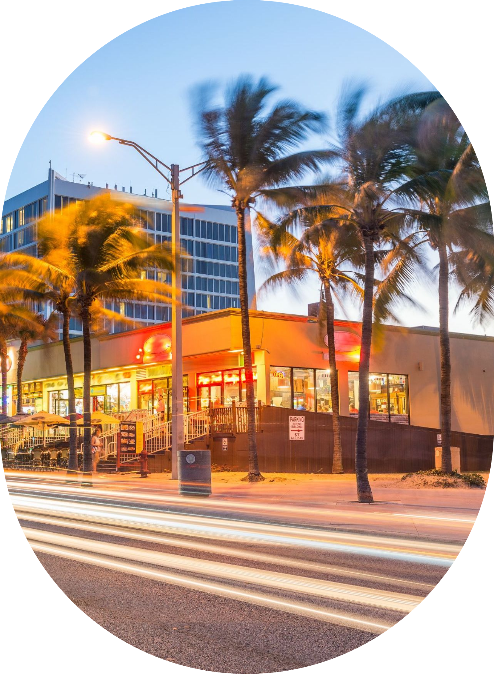 A circle with a building and palm trees in the background
