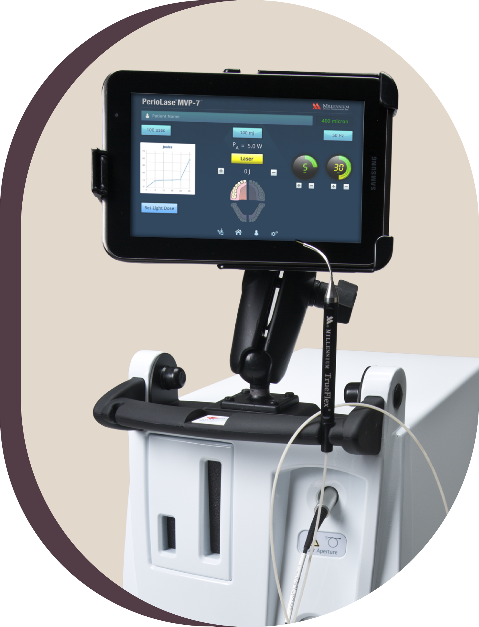 Medical device with tablet displaying data; white casing, black mount.