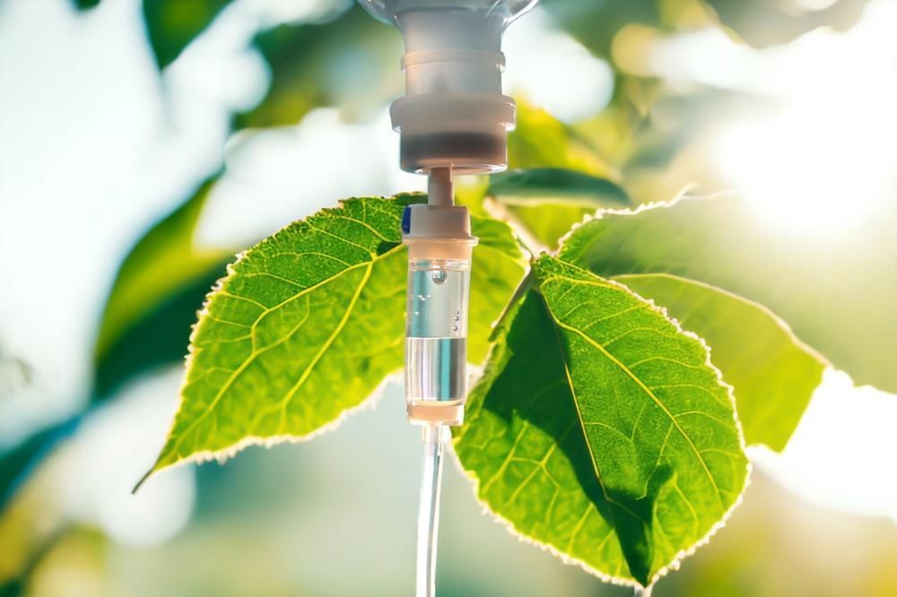IV drip with clear liquid, surrounded by bright green leaves and sunlight.