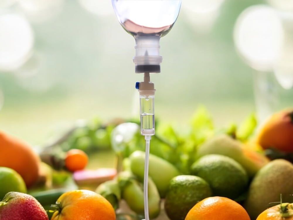 IV bag and tubing with fresh fruits and vegetables in background.