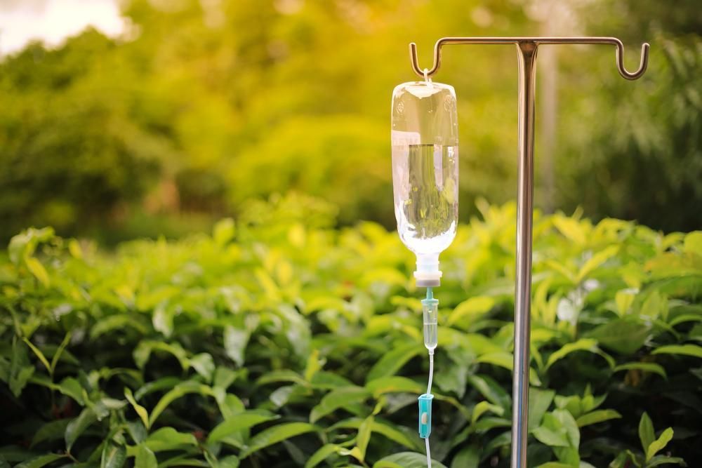 IV bag hanging on a stand, outdoors, with greenery in background.