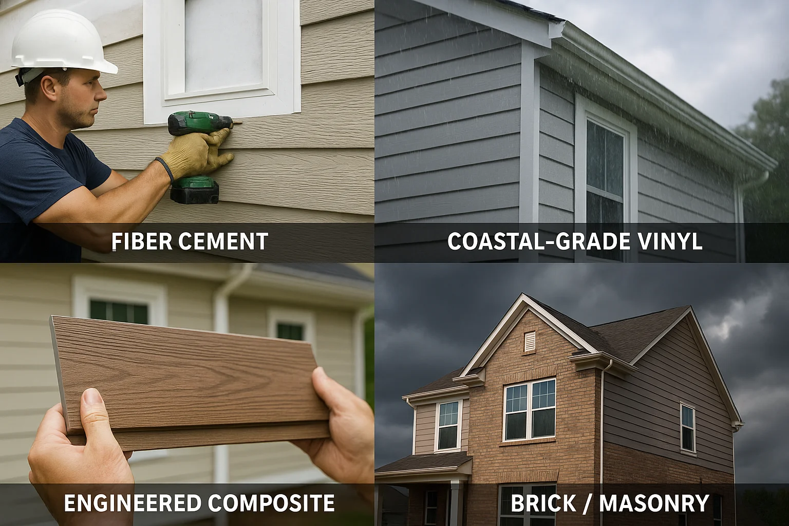 A collage showing four types of home siding: fiber cement, coastal-grade vinyl, engineered composite, and brick/masonry.