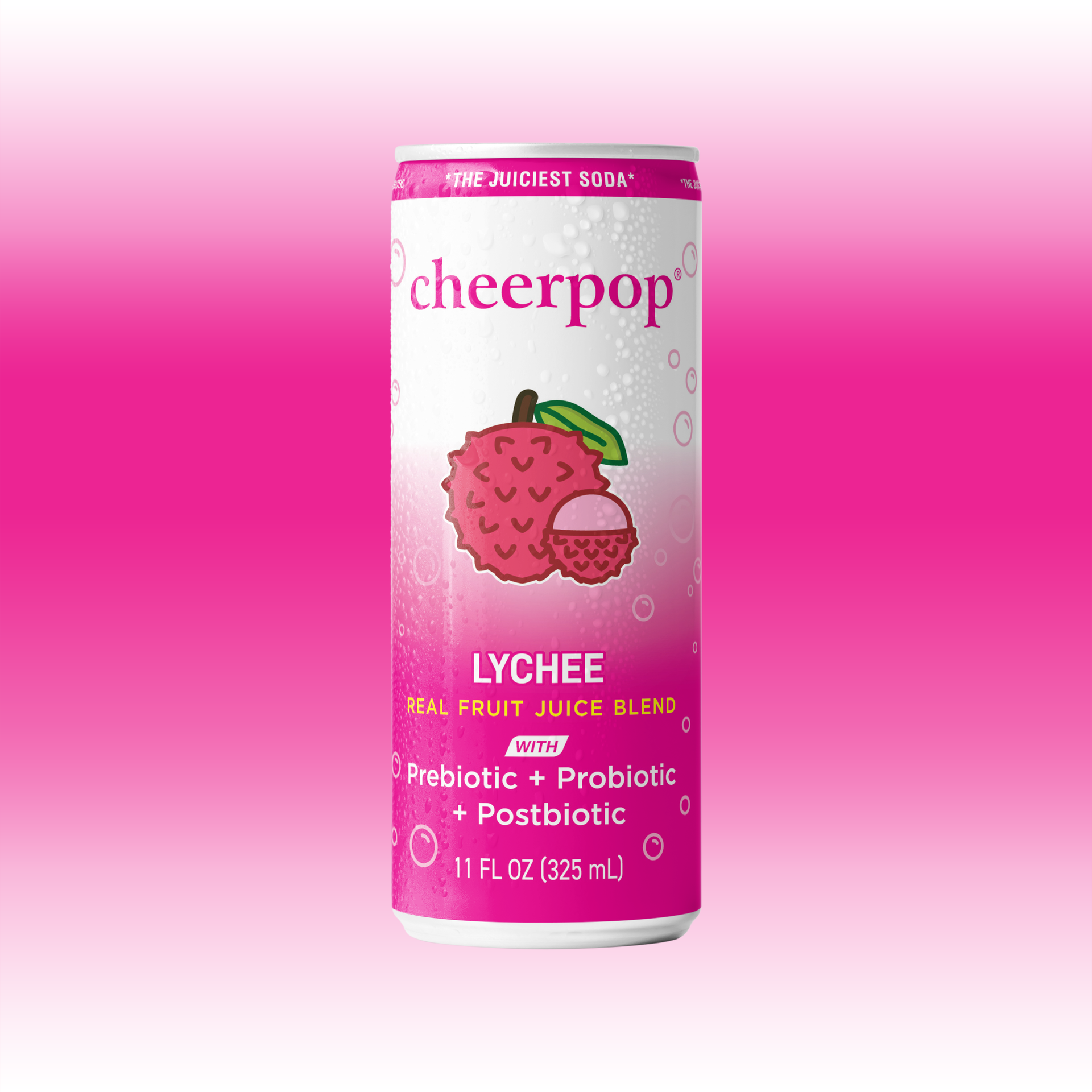 cheerpop® Lychee sparkling fruit soda can with prebiotic, probiotic, and postbiotic blend